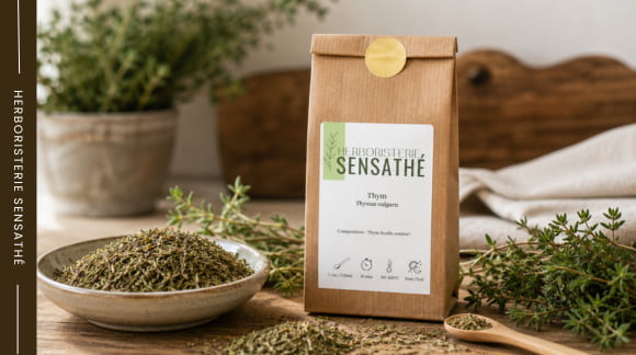 Thym séché en vrac et thym frais utilisés en phytothérapie contre le rhume - Herboristerie Sensathé